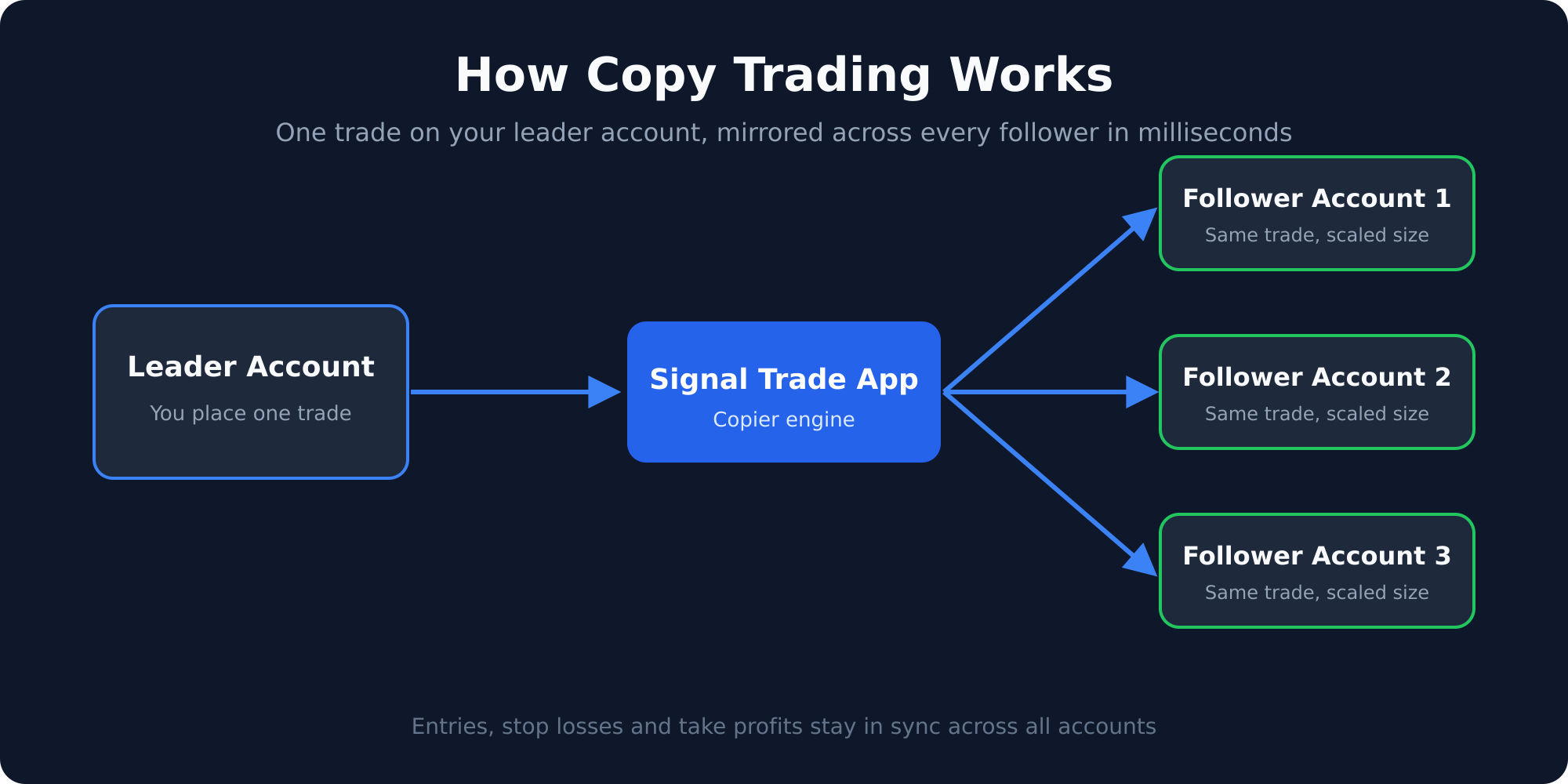 How the cockpit monitors copy trading: one leader account mirrored across multiple follower accounts