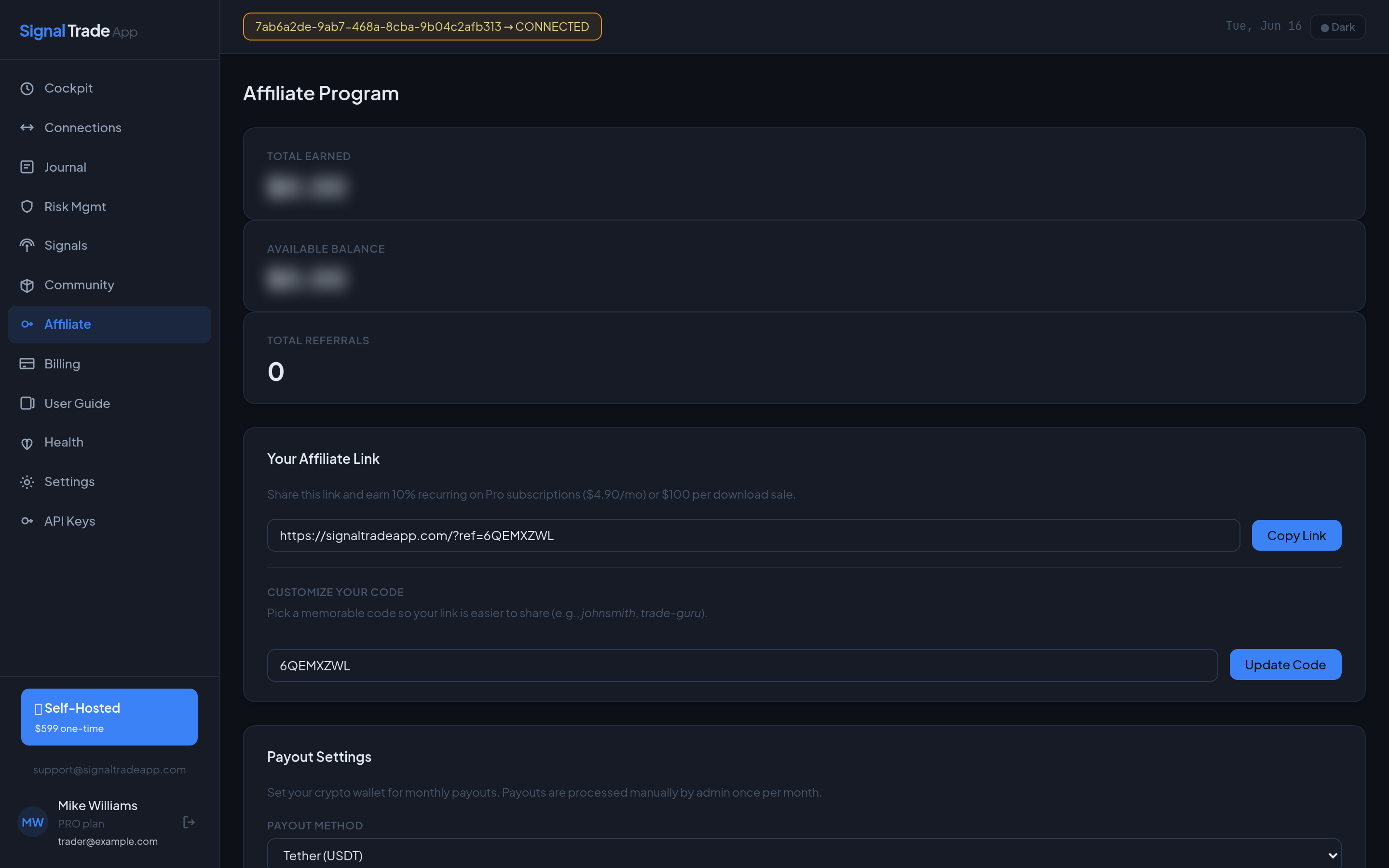 The Muunship affiliate dashboard showing earnings, referral link, custom code and payout settings