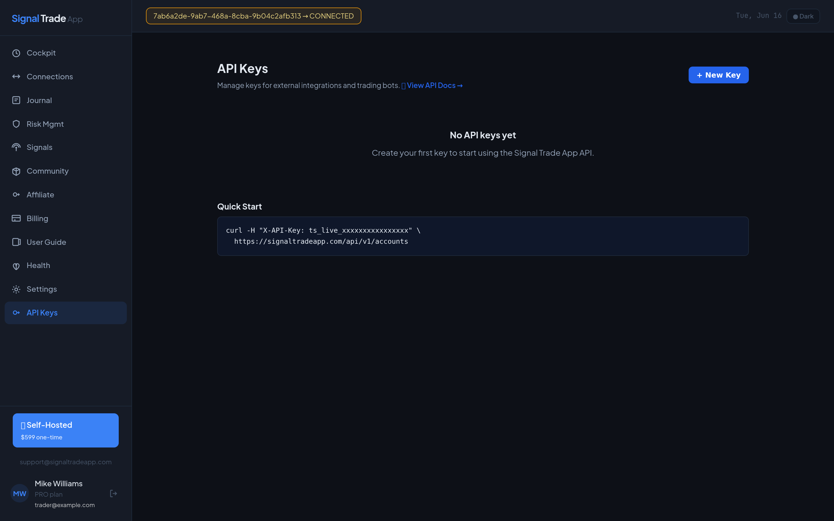The Muunship API keys page for creating and managing programmatic access keys
