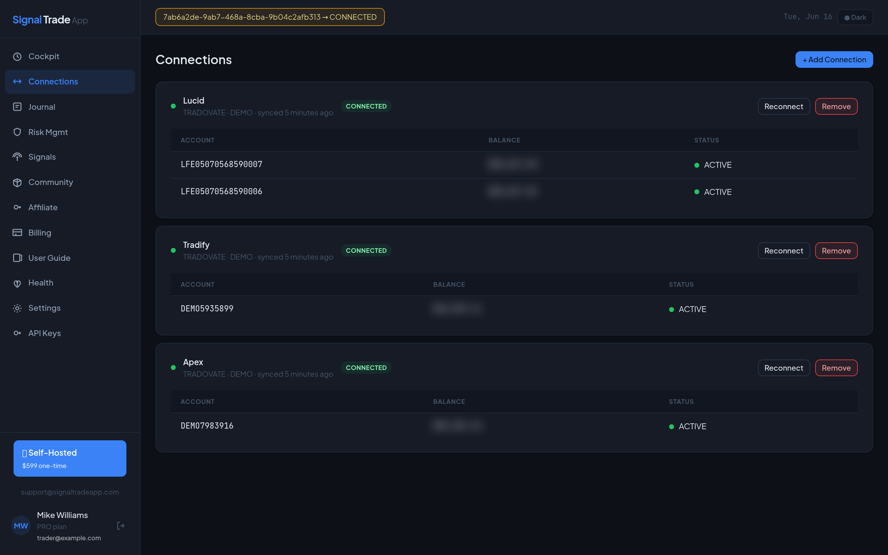 The Muunship connections page listing connected Tradovate accounts with balances and active status