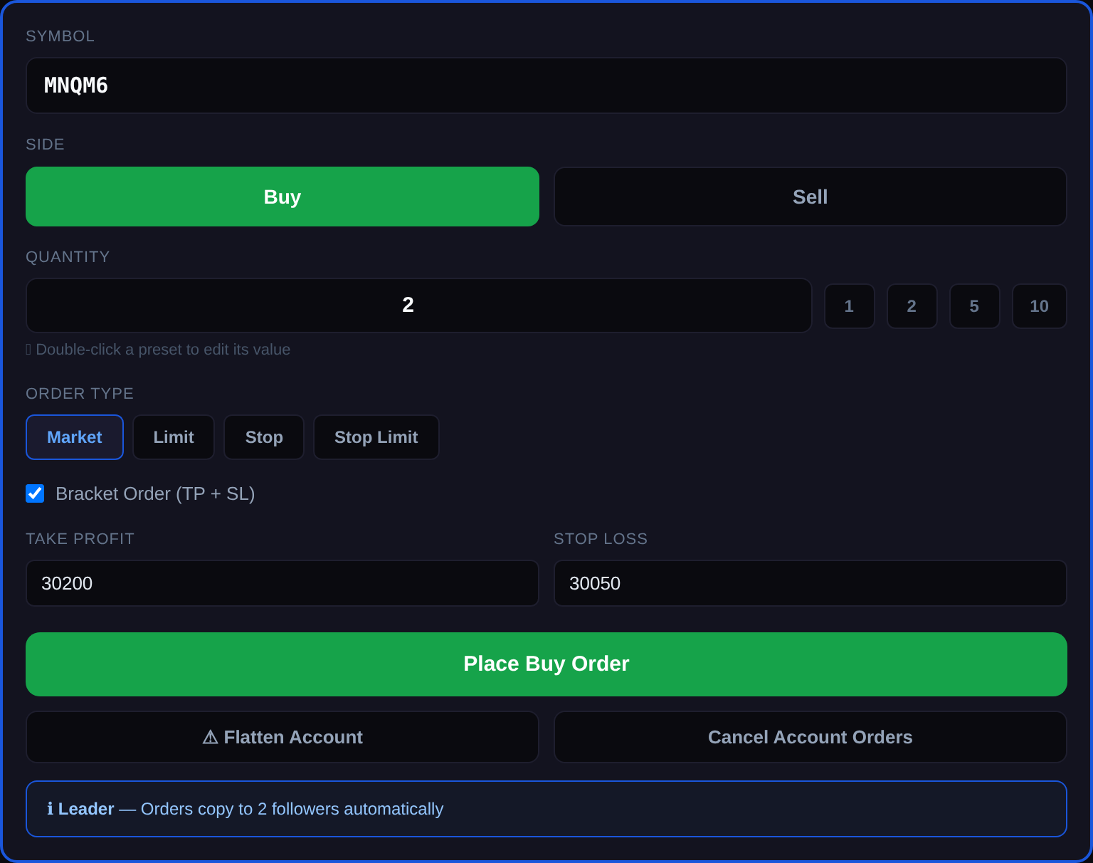 Quick Order Entry form with Buy/Sell toggles, quantity presets, Market/Limit/Stop buttons, and bracket order fields for take-profit and stop-loss