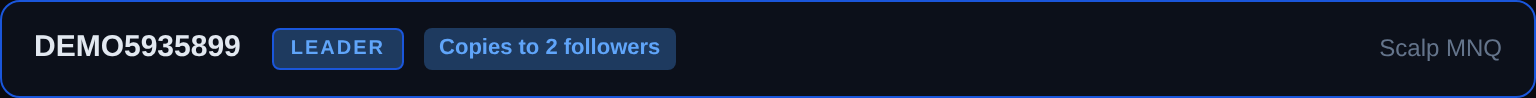 Quick Order Entry active account banner showing Leader role with copies-to-followers badge