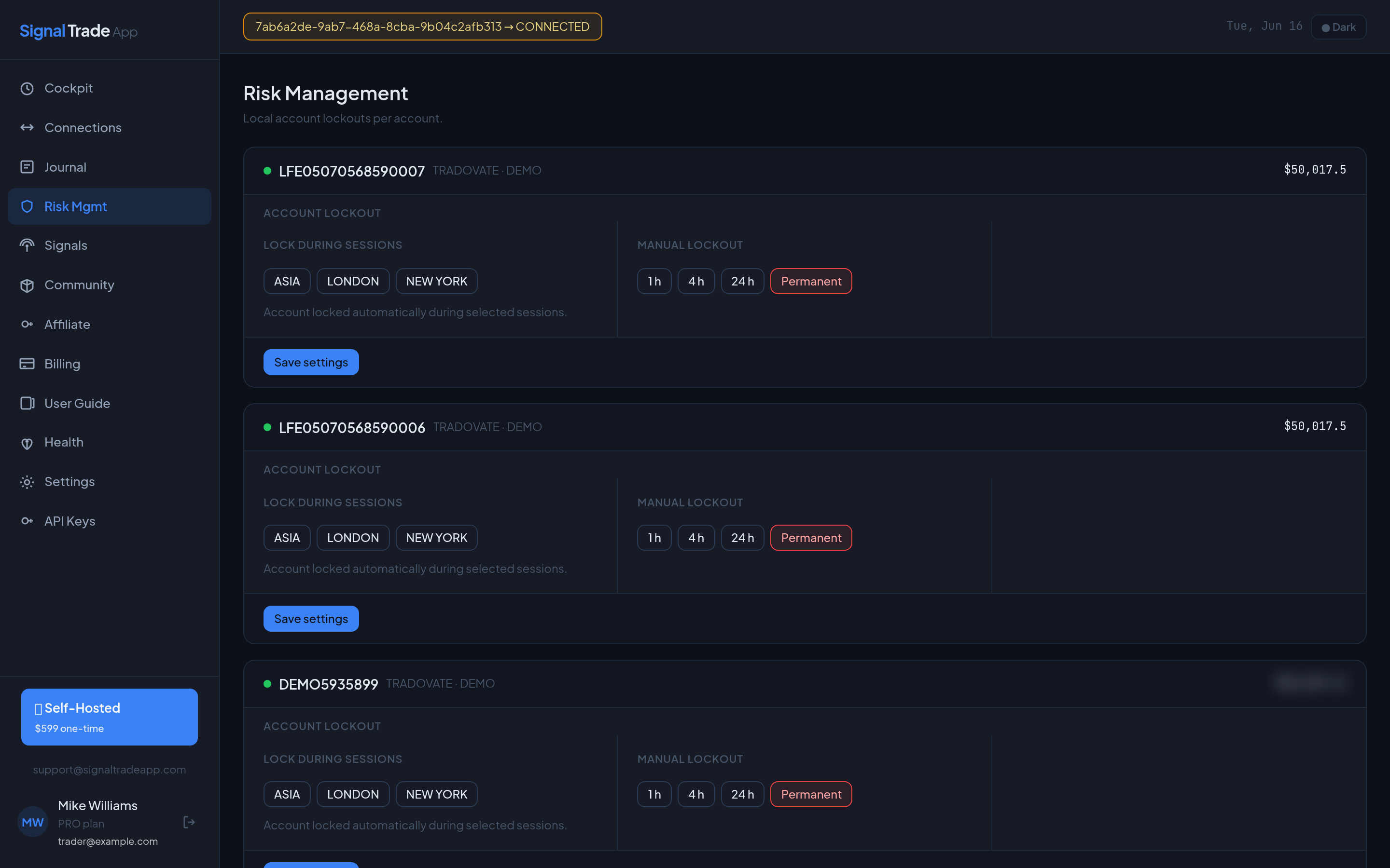 The Muunship risk management page showing per-account session lockouts and manual lockout controls