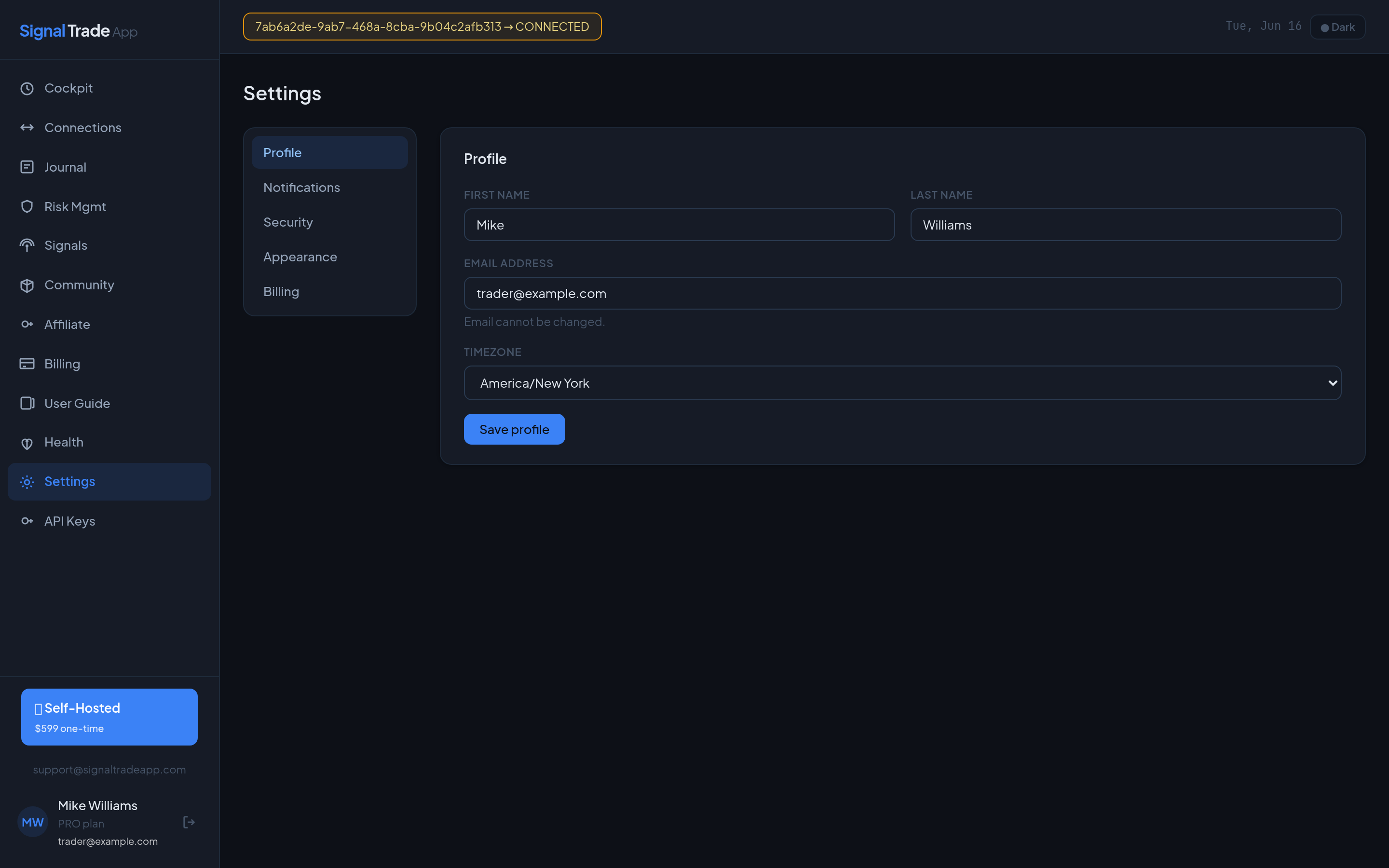 The Muunship settings page showing the profile tab with name, email, timezone and the settings sub-navigation