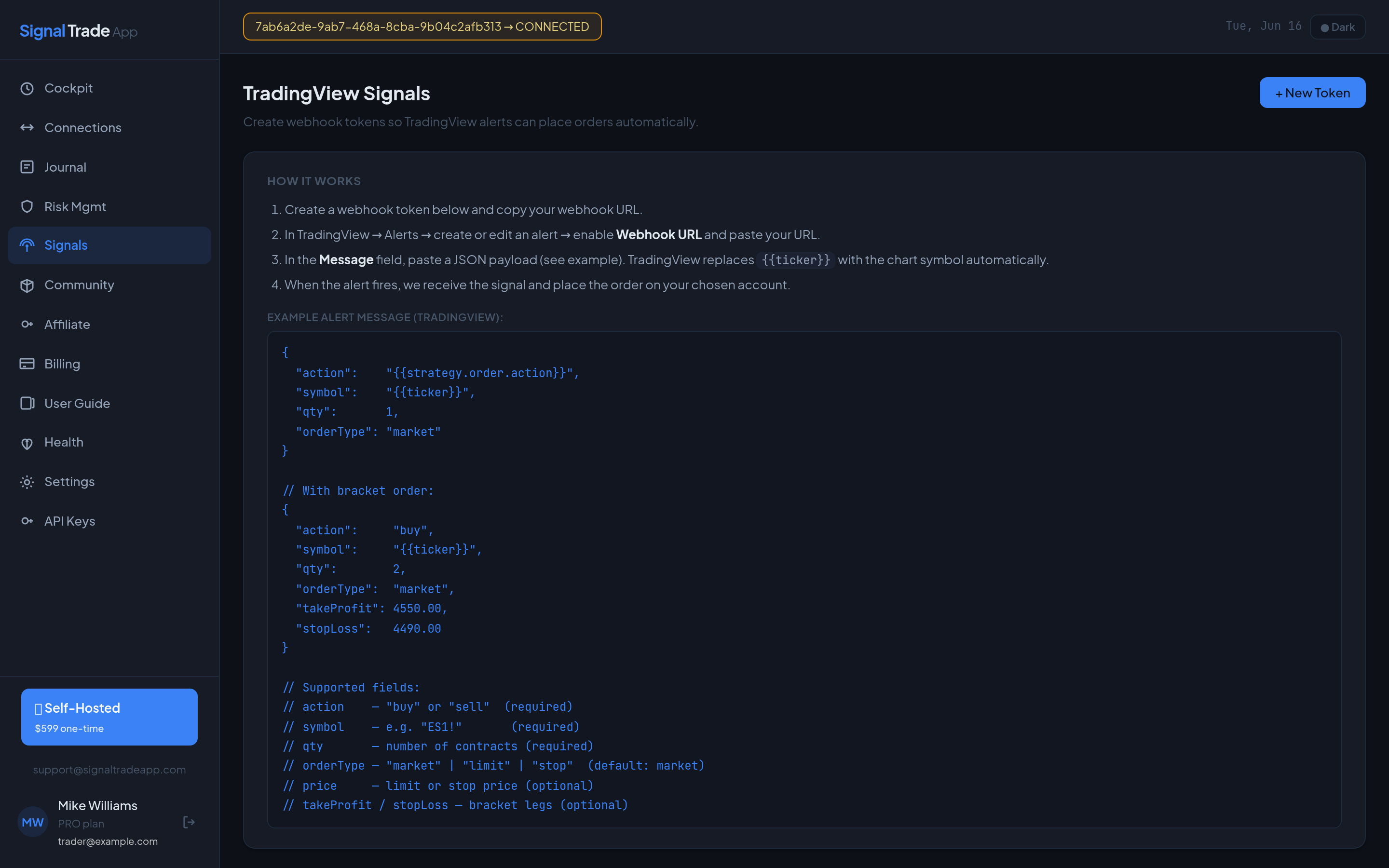 The Muunship signals page showing webhook token setup and an example TradingView alert JSON payload